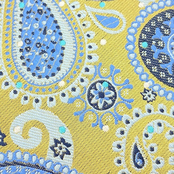 Manzini Tie Mens Yellow Blue Paisley Print Polyester Abstract Necktie - Picture 2 of 7